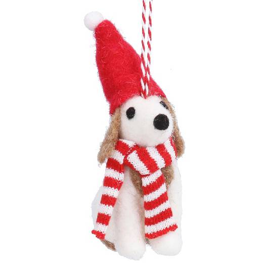 Wool White Dog with Stripe Scarf and Hat 10cm *ETA Nov